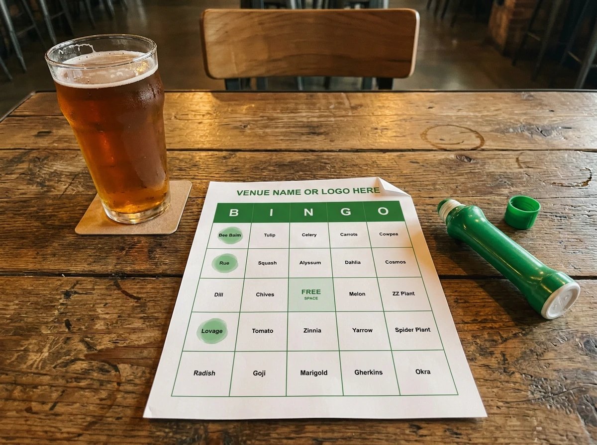 A Plant Bingo card on a wooden table