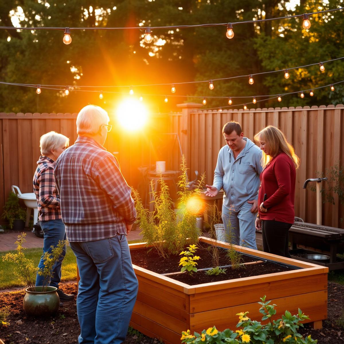 Small gardening class gathered around a raised bed at dusk