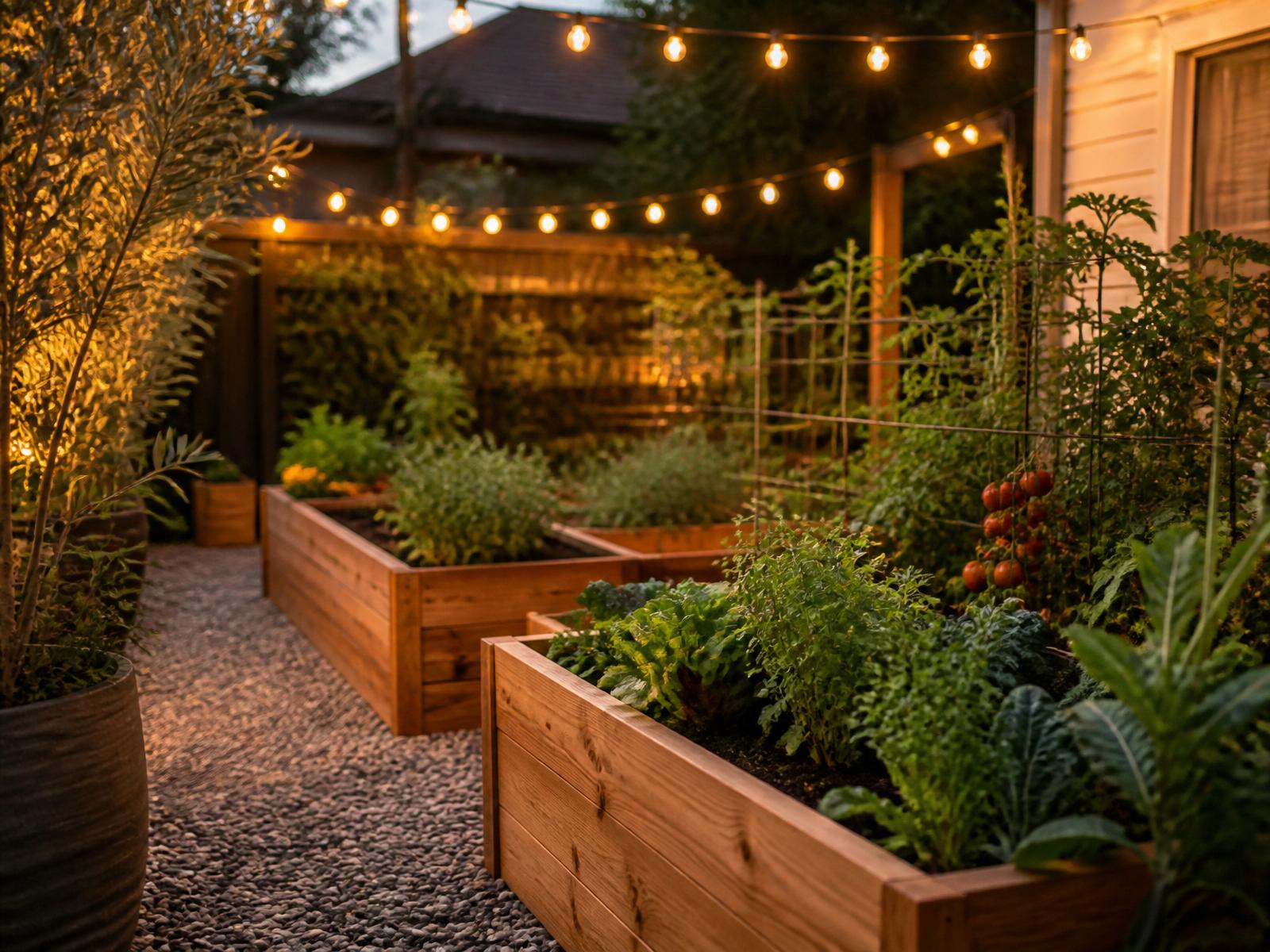 A golden-hour raised cedar-bed garden with string lights