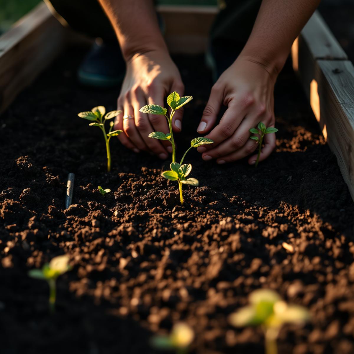 Hands planting seedlings in dark soil in a cedar bed