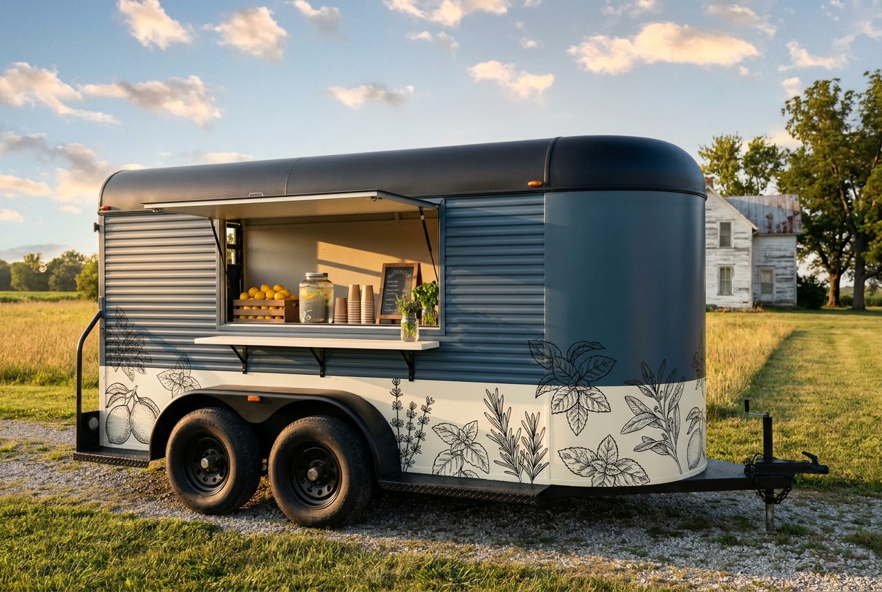 The mocktail trailer: a restored horse trailer in slate blue with a serving window, botanical line-art, and lemons on the counter