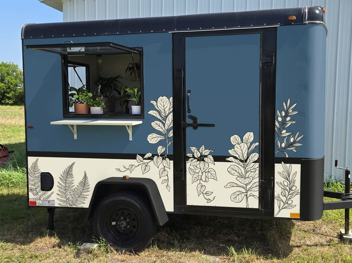 The Grower's Life plant trailer, navy and cream with botanical line-art