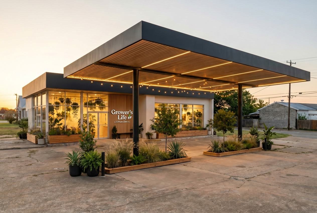 The Grower's Life retail location at golden hour, Denison Texas