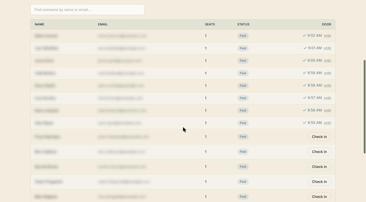 The roster with check-in times and check-in buttons