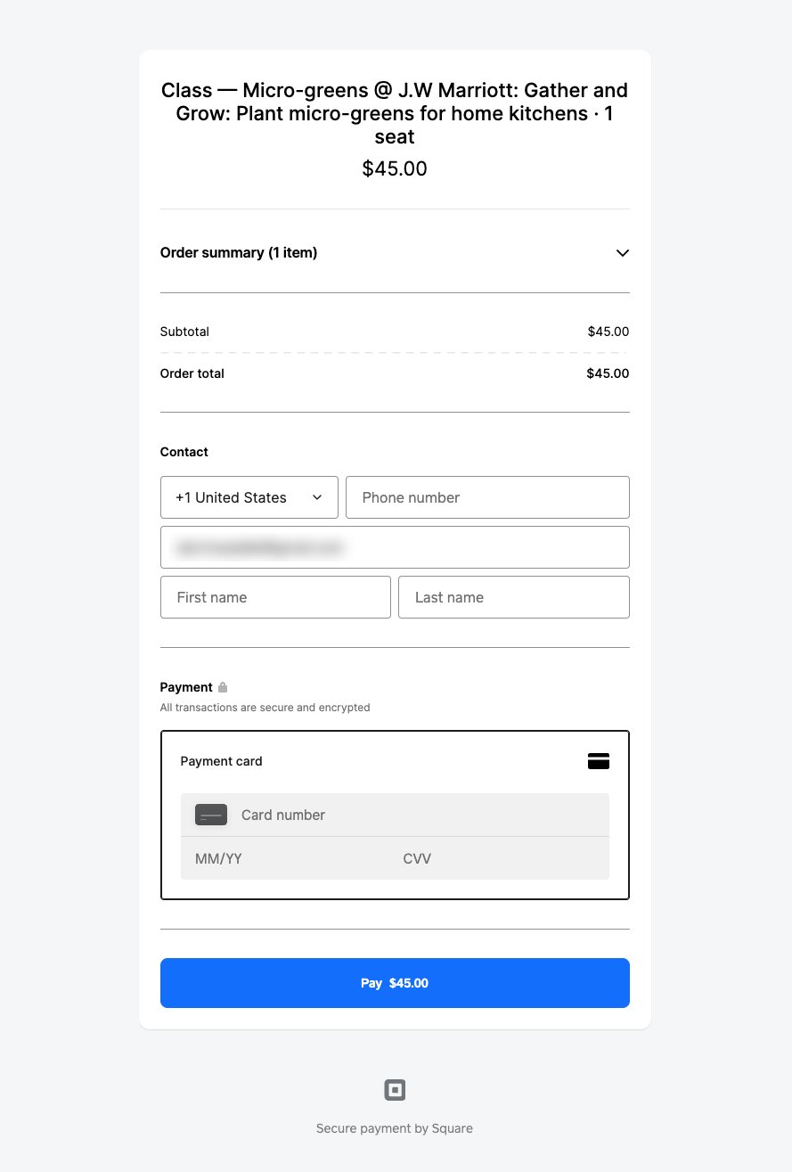 Square's hosted checkout page for one class seat