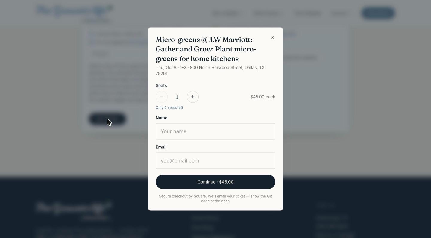 The buy-tickets dialog: seats, name, email, continue to Square