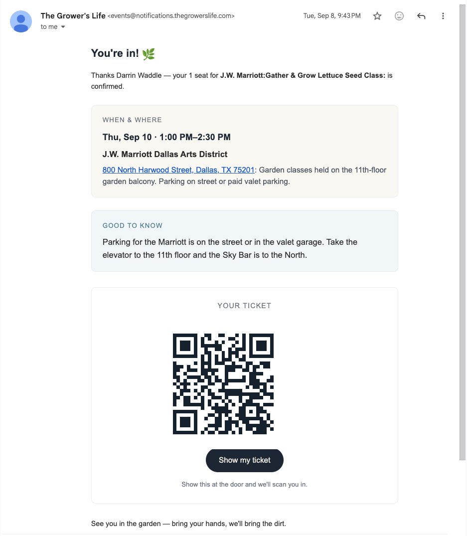 The confirmation email with the ticket QR code
