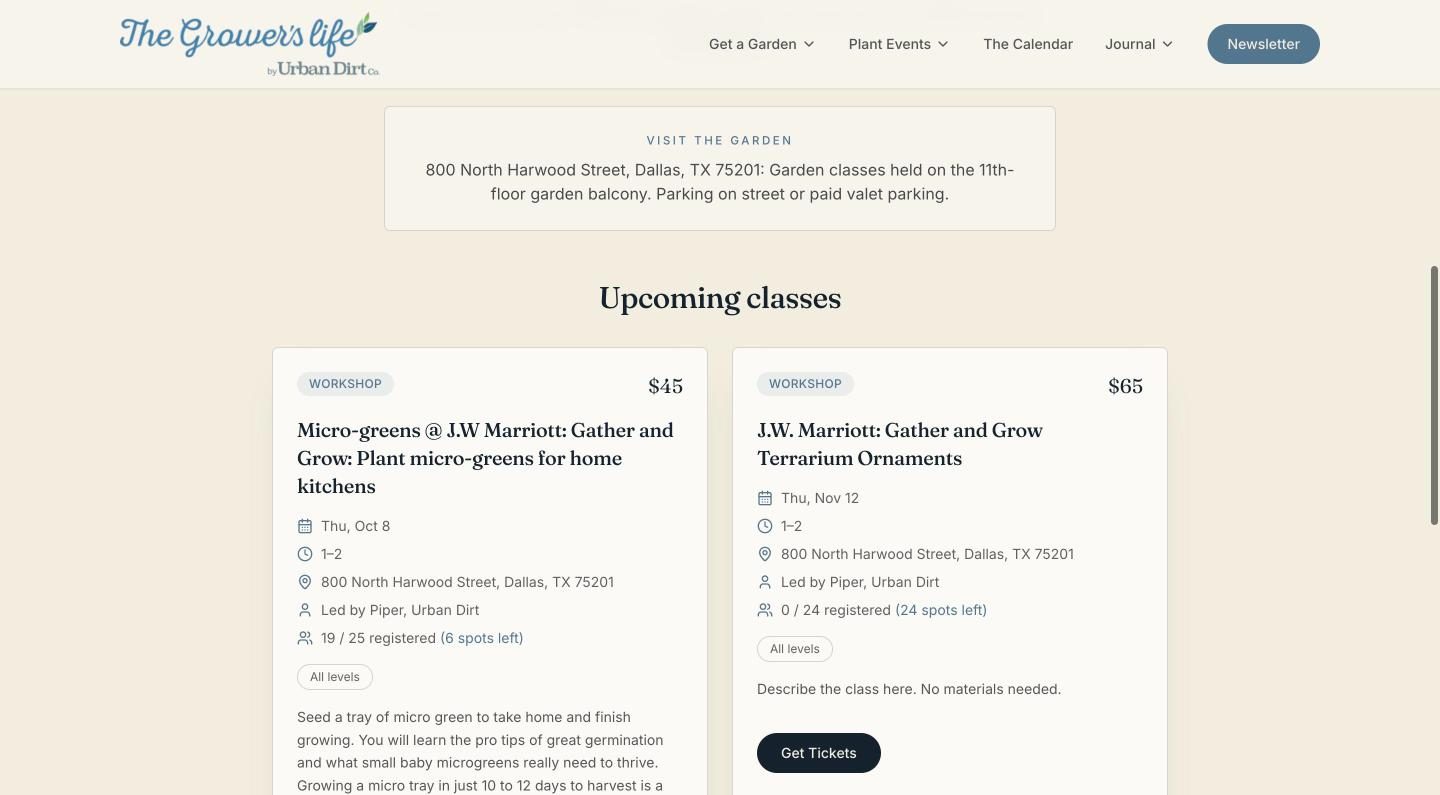 Upcoming events listed on the venue page with seats left